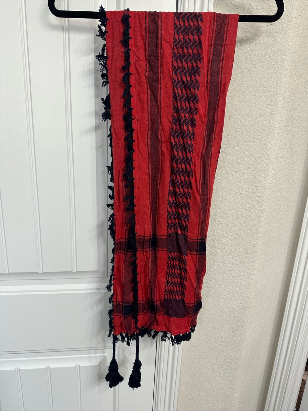 J. Crew Red and Navy Fringed Cotton Blend Scarf